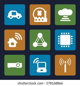 network icon. Set of 9 network filled icons such as connection, signal tower, laptop signal, router, cpu, CPU in car, CPU, home connection