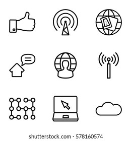 network icon. Set of 9 network outline icons such as signal tower, globe, laptop, thumb up, cloud, home message, user globe, signal