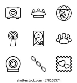 network icon. Set of 9 network outline icons such as globe, group, case with heart, chain, photo with heart, signal, web camera, user group