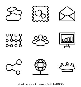 network icon. Set of 9 network outline icons such as cloudy weather, group, signal, photo with heart, share, envelope, user group, globe