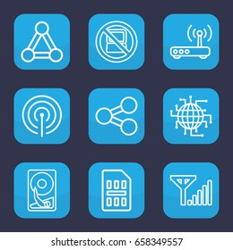 Network icon. set of 9 outline network icons such as no laptop, connection, router, sim card, signal, mobile signal, hard disc, cpu planet