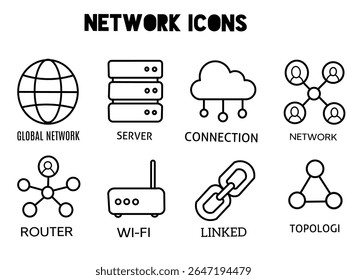 Network icon set of black-and-white outlined icons representing various digital network elements such as server, connection, Wi-Fi, and router, arranged in a minimalist grid.