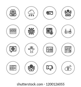 Network icon set. collection of 16 outline network icons with chip, browser, chat, cloud, dislike, intelligence, map, planet earth, router, profile, post, smart glasses icons.