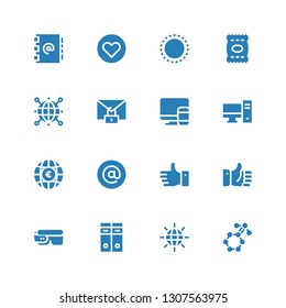 network icon set. Collection of 16 filled network icons included Molecule, Earth grid, Archives, Smart glasses, Like, At, Globe, Computer, Responsive, Secure, World, Chips, Worldwide