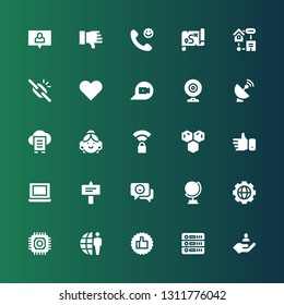 network icon set. Collection of 25 filled network icons included User, Database, Thumbs up, Earth grid, Cpu, Worldwide, Globe, Chat, Signal, Laptop, Like, Molecule, Wireless, Avatar