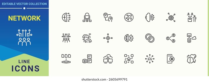 Network icon set. Contains related to connect, datum, global, technology and more. Connection icon set. Outline symbol collection. Editable vector.