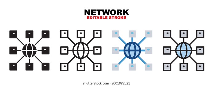 Network icon set with different styles. Icons designed in filled, outline, flat, glyph and line colored. Editable stroke and pixel perfect. Can be used for web, mobile, ui and more.