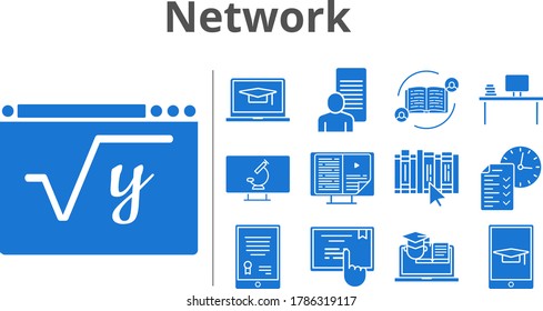 Netzwerk-Icon-Set. umfasst Studien, Test, Mathematik, Buch, Touchscreen, Training, Mikroskop, Feedback, Tablet, Desktop, eBook Symbole. gefüllte Stile.