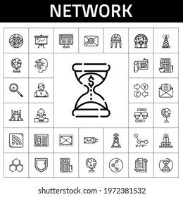 network icon set. line icon style. network related icons such as news, antenna, zoom in, earth globe, molecules, cpu, user experience, artificial intelligence, rss feed, presentation