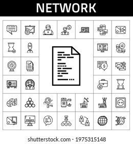 network icon set. line icon style. network related icons such as news, antenna, video player, website, online shopping, like, industry, satellite dish, employee, laptop