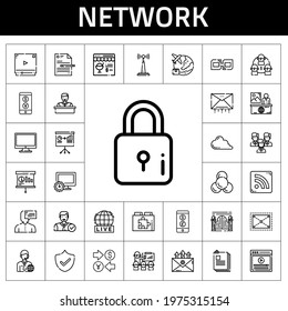 network icon set. line icon style. network related icons such as antenna, news reporter, link, video, employee, rss feed, presentation, online shop, computer, security, file