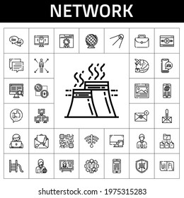network icon set. line icon style. network related icons such as earth globe, news reporter, industry, employee, network, online shop, security, computer, file, portfolio