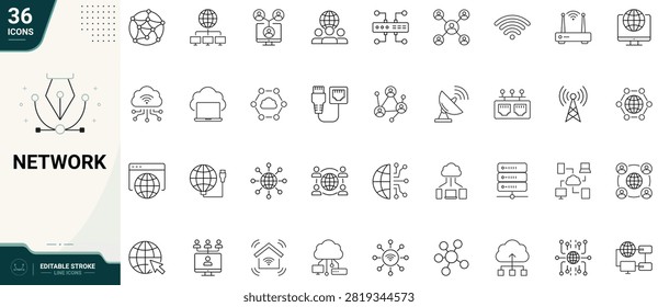 Network icon set in outline style. Collection of network, connection, internet, data, communication, and technology. Editable stroke. Vector icon collection.