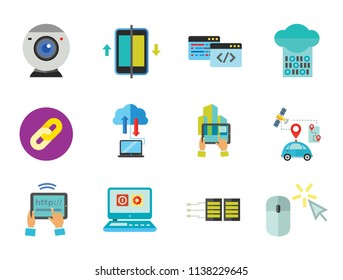 Network Icon Set. Web Camera Mouse Synchronization Data Flow Hyperlink Internet Sign Tablet Internet Connection Internet Of Things Driverless Car Idea Server Cloud Storage Tablet PC Programming
