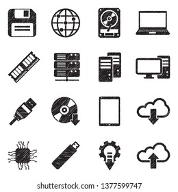 IT And Network Icons. Black Scribble Design. Vector Illustration.