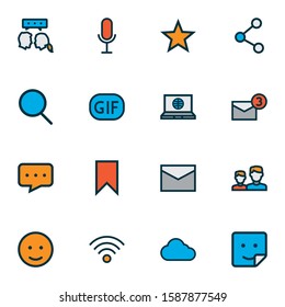 Network icons colored line set with bookmark, chat, search and other wireless connection elements. Isolated vector illustration network icons.