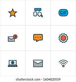 Network Icons Colored Line Set With Chat, Gif Sticker, Settings And Other Gear Elements. Isolated Vector Illustration Network Icons.