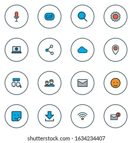 Network icons colored line set with sticker, share, wi-fi and other overcast elements. Isolated vector illustration network icons.