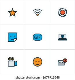 Network icons colored line set with sticker, favorite, settings and other badge elements. Isolated vector illustration network icons.