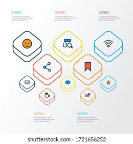Iconos de red de líneas coloreadas con marcador, notificación, recurso compartido y otros elementos de sonrisa. Iconos de red de ilustración vectorial aislados.