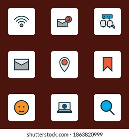 Farbige Linie der Netzwerksymbole mit Cloud, Emoji, Social Web und anderen Badge-Elementen. Isolierte Vektorgrafik-Netzwerk-Symbole.