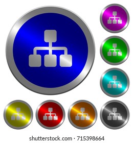 Network icons on round luminous coin-like color steel buttons