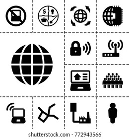 Network icons. set of 13 editable filled network icons such as no laptop, user, cpu planet, globe, marketing, network connection, phone connection cable, real estate on laptop