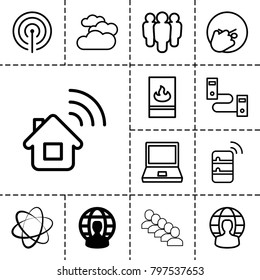 Network icons. set of 13 editable outline network icons such as user globe, cloudy weather, laptop, facepalm emot, group, home connection, network connection, cable
