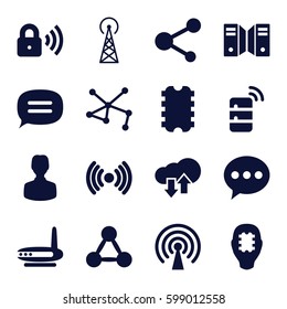 network icons set. Set of 16 network filled icons such as signal tower, connection, share, chat, security lock, signal, server, download upload cloud, CPU in head, CPU, user