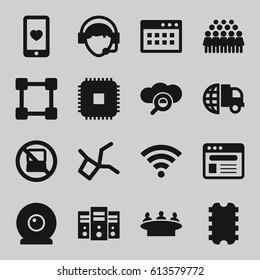 Network icons set. set of 16 network filled icons such as no laptop, group, heart mobile, operator, browser, web camera, wi-fi, CPU, international delivery, network connection