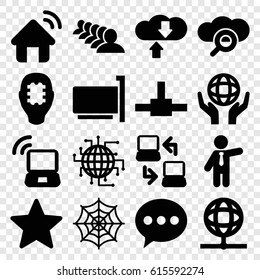 Network icons set. set of 16 network filled icons such as spider web, businessman, group, holding globe, star, laptop connection, laptop signal, house signal, globe