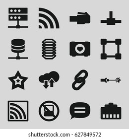 Network icons set. set of 16 network filled icons such as no laptop, case with heart, wi-fi, chat, star, electric circuit, download upload cloud, network connection, server