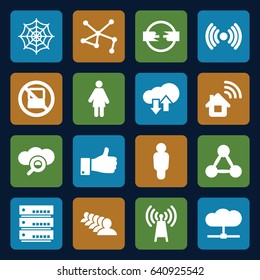 Network icons set. set of 16 network filled icons such as no laptop, spider web, group, connection, thumb up, download upload cloud, home connection, transmitter, user, woman