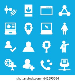 Network icons set. set of 16 network filled icons such as businessman, call, globe and plane, laptop, add friend, real estate on laptop, fire protection, cpu in tree