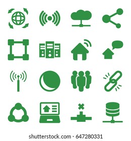 Network icons set. set of 16 network filled icons such as signal tower, share, globe, real estate on laptop, home message, connection, house signal, sphere, group, chain