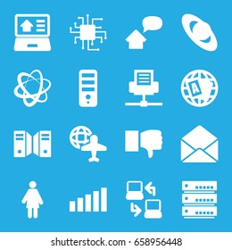 Network icons set. set of 16 network filled icons such as globe, cpu, globe and plane, envelope, real estate on laptop, signal, home message, laptop connection, server, planet