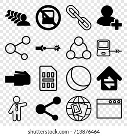 Network icons set. set of 16 network filled and outline icons such as no laptop, group, share, add friend, home connection, electric circuit, laptop connection, globe