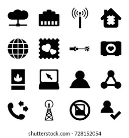 Network icons set. set of 16 network filled icons such as signal tower, no laptop, call, case with heart, photo with heart, laptop, fire protection, electric circuit, globe
