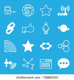 Network icons set. set of 16 network filled and outline icons such as star, router, planet, cpu, laptop connection, globe, connection, thumb up, chat, share, link, signal
