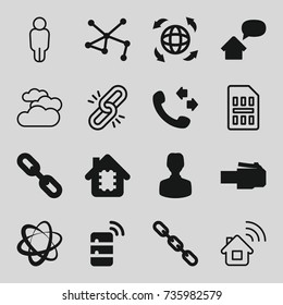 Network icons set. set of 16 network filled and outline icons such as call, chain, connection, globe, home message, server, cpu in house, cloudy weather, sim card