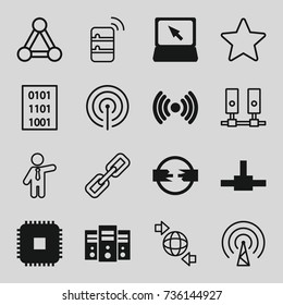 Network icons set. set of 16 network filled and outline icons such as laptop, cpu, connection, businessman, ground the globe, star, signal, server, binary code, chain