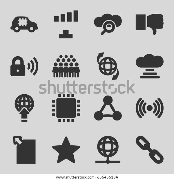 Network icons\
set. set of 16 network filled icons such as signal, group, qround\
the globe, security lock, star, globe, cpu, cpu in car, cloud\
connection, dislike, search\
cloud