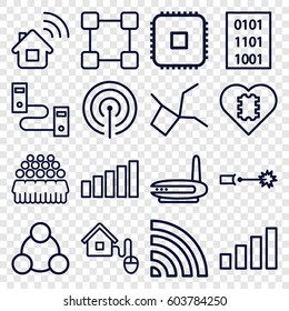 Network icons set. set of 16 network outline icons such as group, wi-fi, smart home, signal, connection, electric circuit, binary code, CPU, home connection, CPU in heart