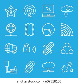 Network icons set. set of 16 network outline icons such as wi-fi, laptop, star, security lock, connection, signal, globe, cpu, facepalm emot, international delivery, chain