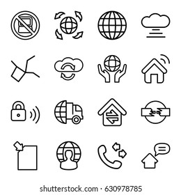 Network icons set. set of 16 network outline icons such as no laptop, call, holding globe, globe, home connection, security lock, home message, user globe, house signal
