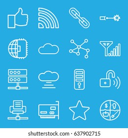 Network icons set. set of 16 network outline icons such as cpu, connection, cloud, opened security lock, star, electric circuit, mobile signal, cpu planet, cloud connection