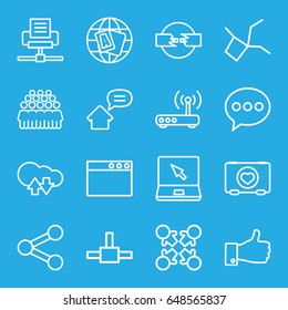 Network icons set. set of 16 network outline icons such as globe, group, case with heart, laptop, thumb up, router, home message, chat, cloud download upload, roundelay