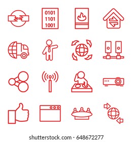 Network icons set. set of 16 network outline icons such as signal tower, businessman, group, qround the globe, globe, home connection, fire protection, binary code, router