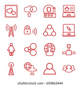 Network icons set. set of 16 network outline icons such as signal tower, globe and plane, photo with heart, laptop, group, real estate on laptop, security lock, connection