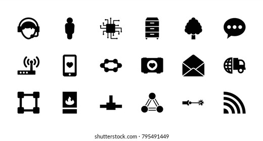 Network icons. set of 18 editable filled network icons: international delivery, chat, user, case with heart, cpu, heart mobile, operator, envelope, network connection, signal